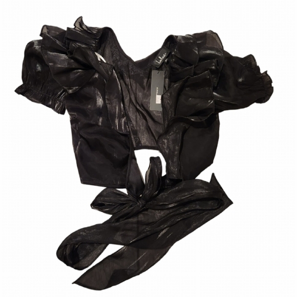 Lulu's Master of Style Black Puff Sleeve Cropped Wrap Top XS Bow Sheer Goth - Picture 13 of 14